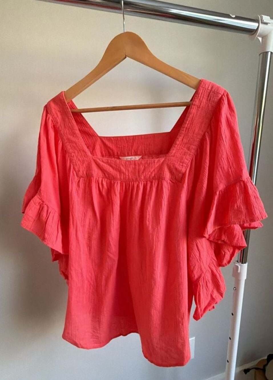 Terra & Sky Coral Pink Crinkle Gauze Square Neck Peasant Top with Ruffled Sleeve